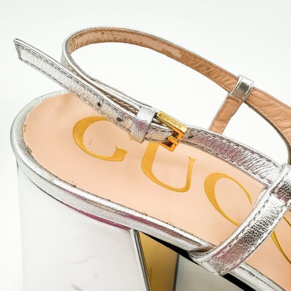 Gucci Baby Horsebit Metallic Silver Slingback Block Heels Size 37.5, 7.5 - Picture 14 of 16